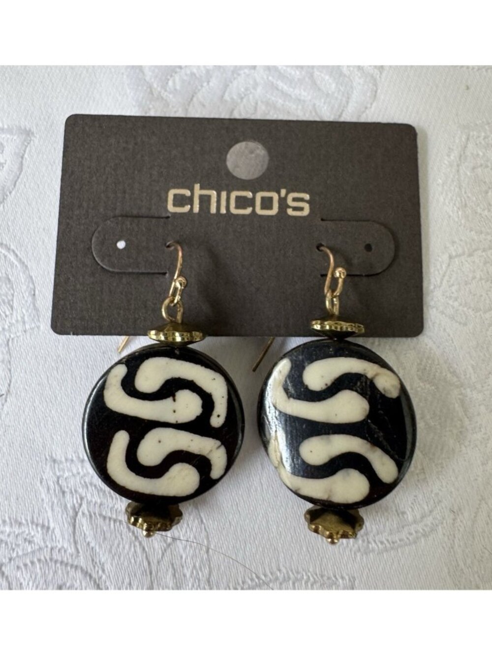 Chico's Black Brown Ivory Gold Beaded Round Charm Dangle Earrings 1 3/4" NEW